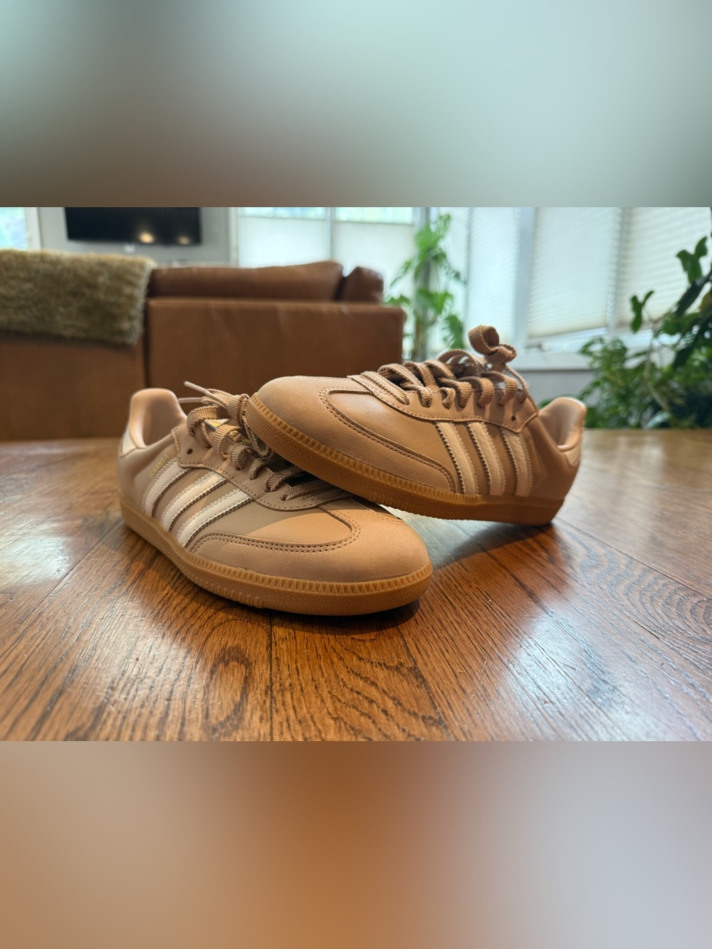 adidas Samba Low-Top Sneakers in Tan with Off-White Stripes